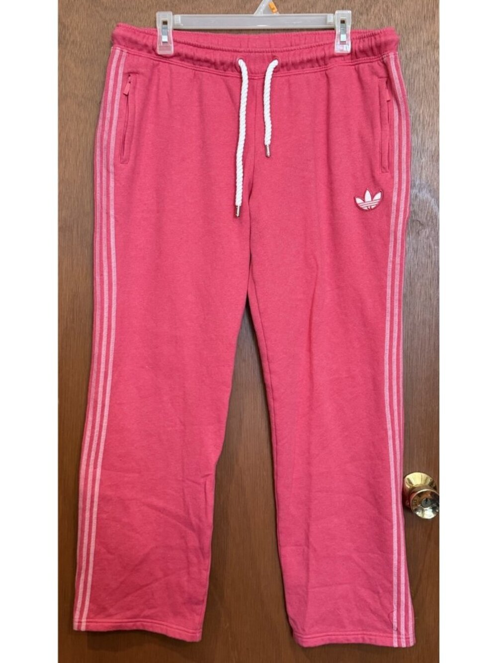 Womens Pink Adidas Track Pants Trefoil Large Drawstring Zipper Pockets Stripes
